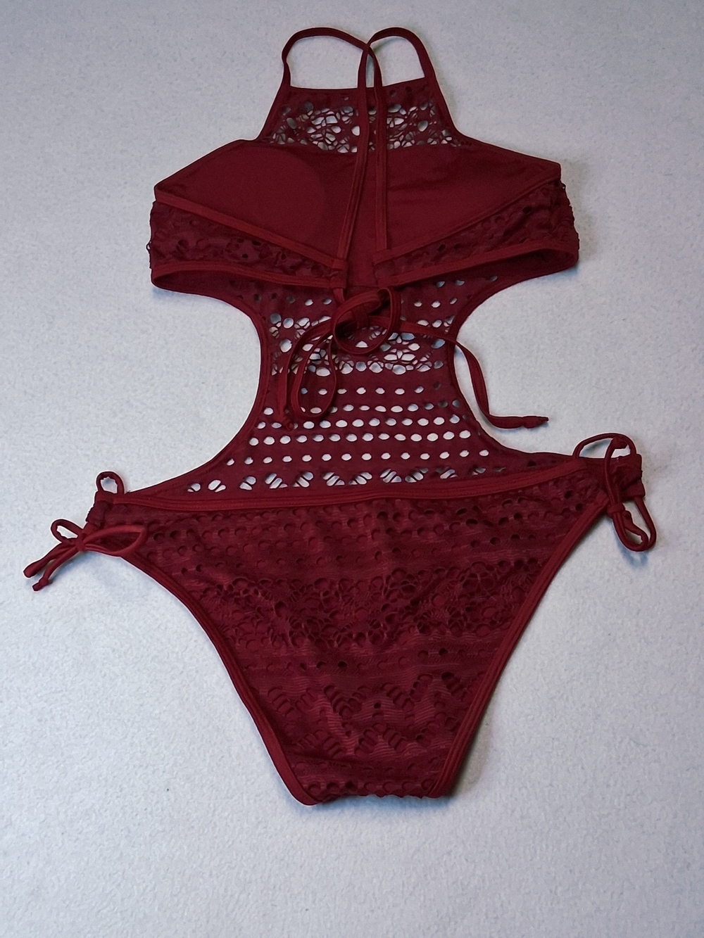 Crochet Cutout One-Piece Swimsuit - Wine Burgundy Crochet Monokini - Picture 3 of 11